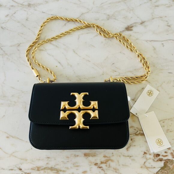 TORY BURCH Eleanor Solid Black Leather Small Convertible Crossbody Shoulder Bag - Picture 1 of 11